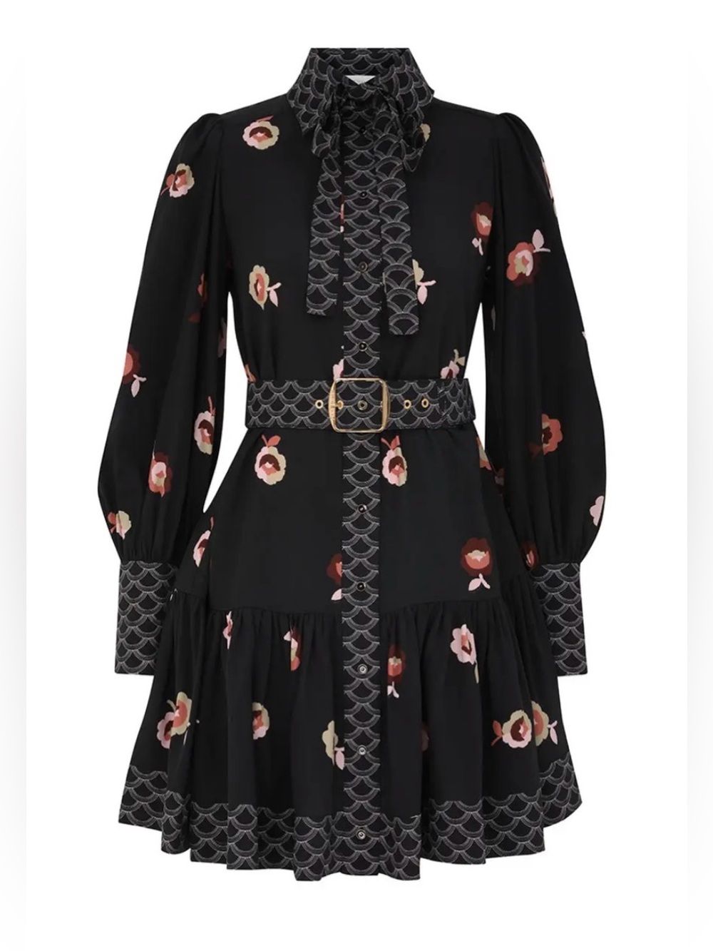 Zimmermann Silk Blend Belted Black Floral Bow Mini Dress, US size 6/AU size 1